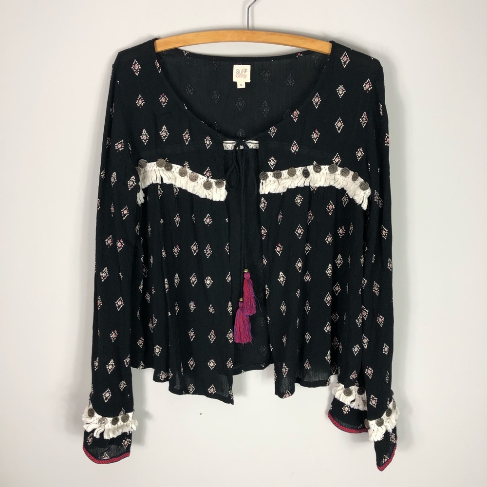 Surf Gypsy Boho Open Long Sleeve Print Tassel Shirt Top Blouse 546